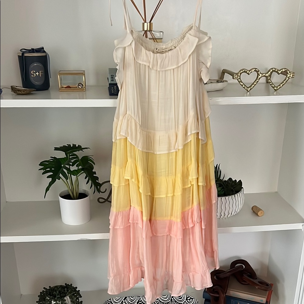 Elegant Layered Dress in Cream, Yellow, and Pink